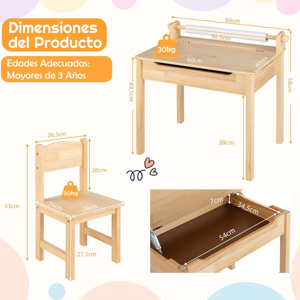 Conjunto de mesa e cadeira multiactividades para crianças com arrumação autónoma para rolos de papel e marcadores Natural