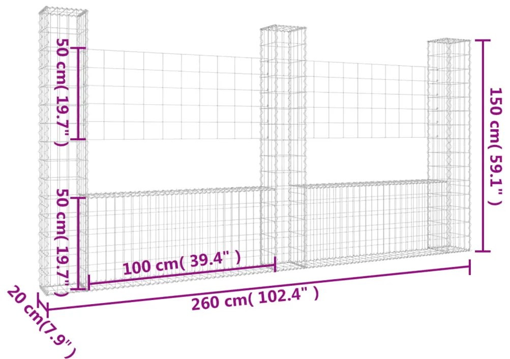 Cesto gabião em forma de U c/ 3 postes 260x20x150 cm ferro