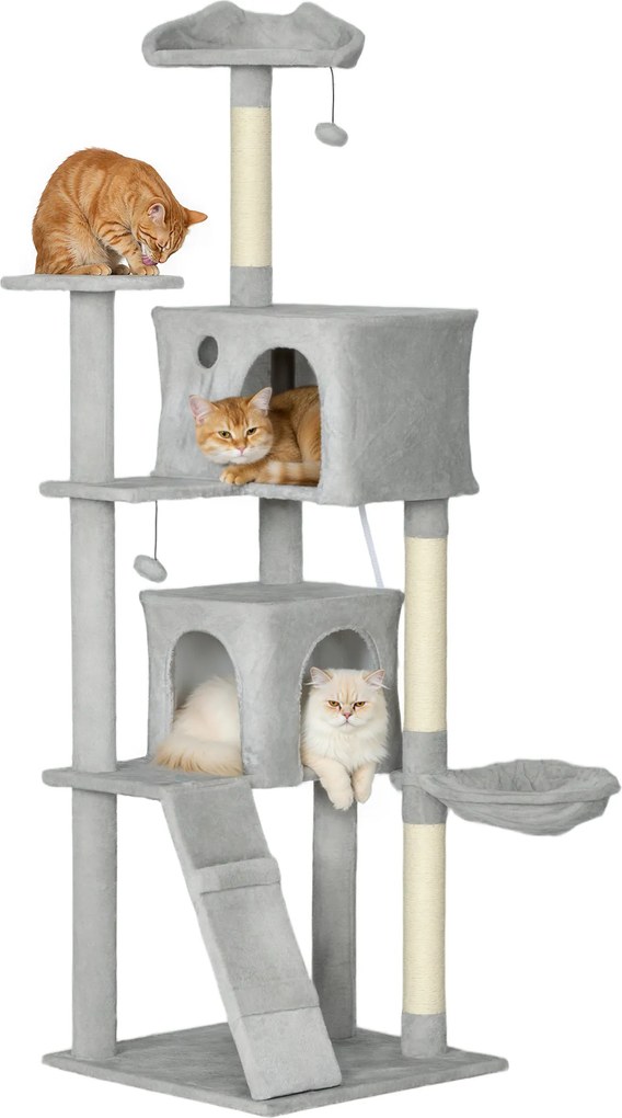 Arranhador para gatos com torre de brincadeiras, plataformas, compartimentos abertos, cama, rede, escada e arranhadores de sisal 56x56x180 cm cinzento
