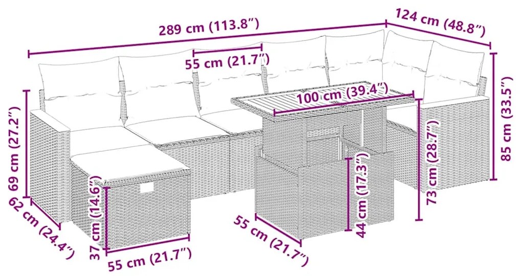 8 pcs conjunto de sofás p/ jardim com almofadões vime PE bege