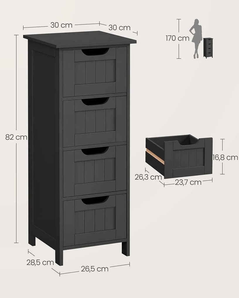 Armário casa de banho com 4 gavetas 30 x 30 x 82 cm preto
