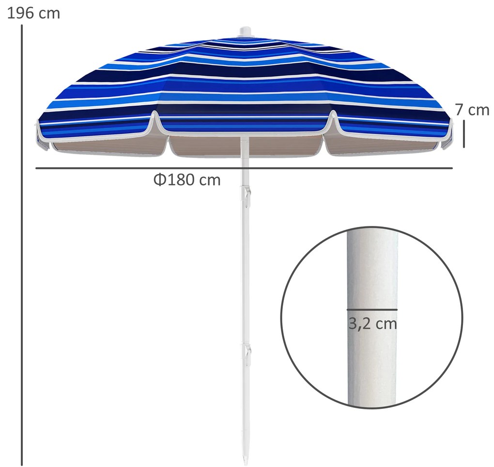 Chapéu de Sol Grande para Praia Ø180 cm Dobrável com Ângulo Ajustável Proteção UV50+ Impermeável Mastro de Ø32 mm Multicolor