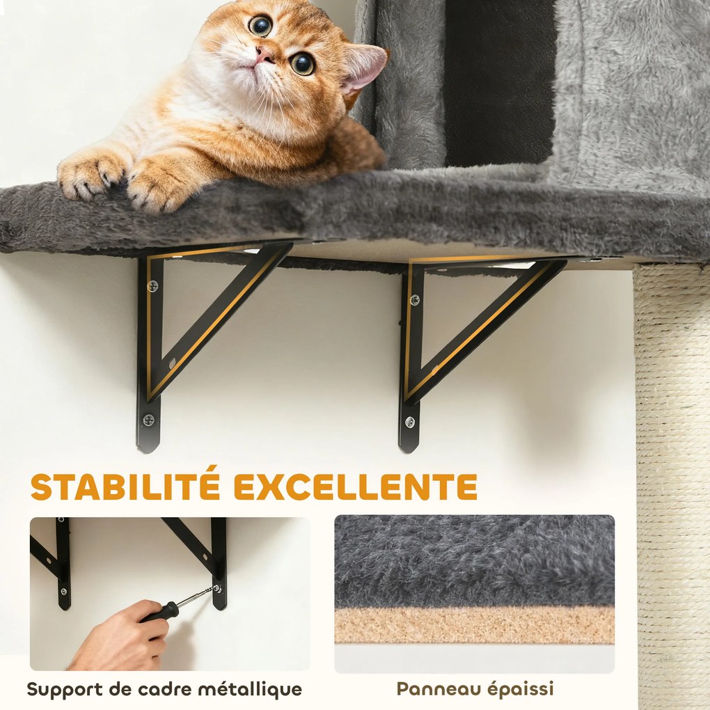 Prateleiras de parede para gatos, árvore de arranhar de parede, 5 peças, 2 compartimentos abertos, rede, plataformas e arranhadores em sisal cinzento