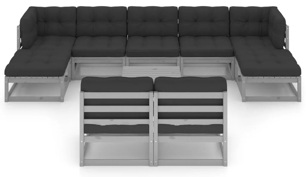 10pcs conjunto lounge de jardim + almofadões pinho maciço cinza