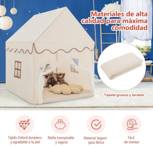 Casinha com tenda Tapete de algodão com porta e janela Brinquedo castelo 120 x 105 x 140 cm Bege