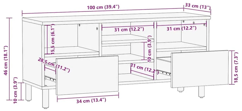 Móvel de TV 100x33x46 cm madeira de mangueira maciça castanho