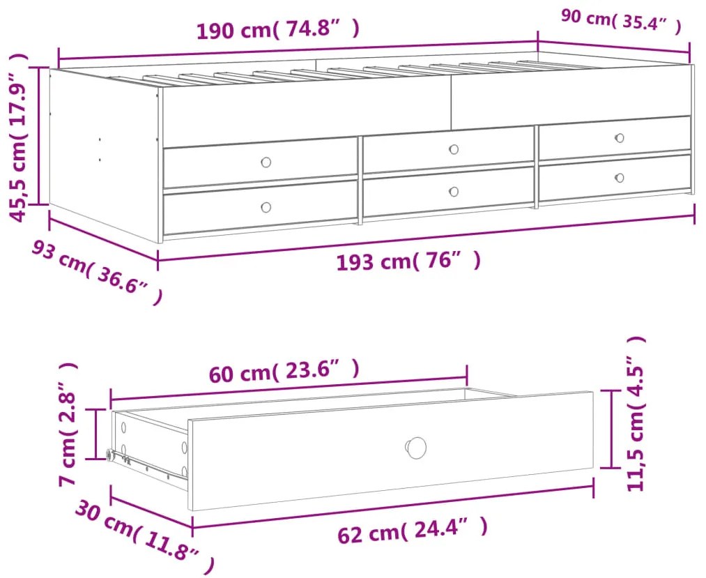 Sofá-cama com gavetas sem colchão 90x190 cm preto