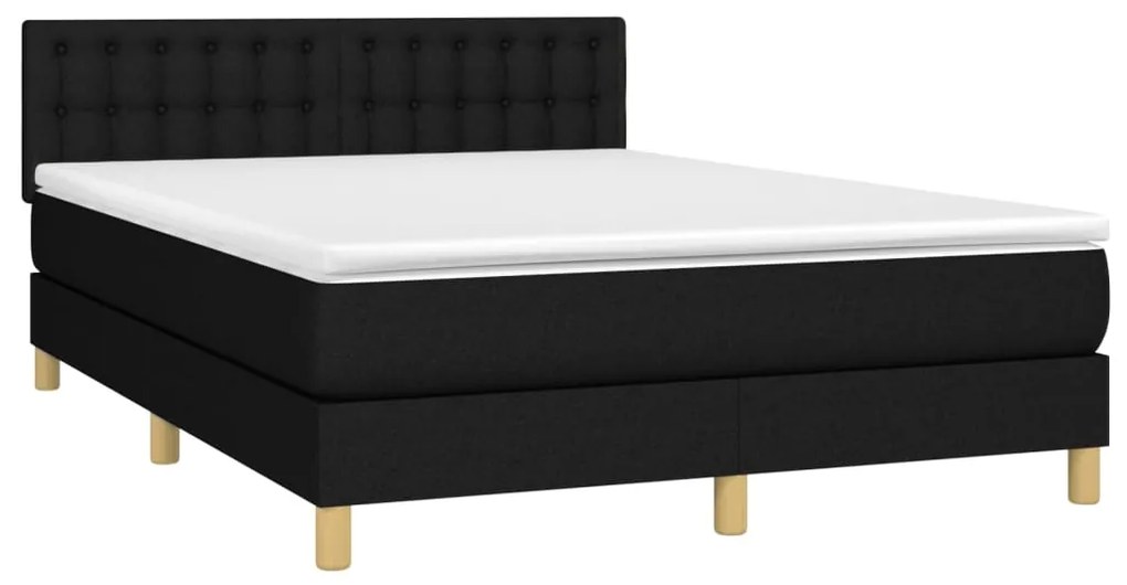 Cama box spring c/ colchão e LED 140x200 cm tecido preto
