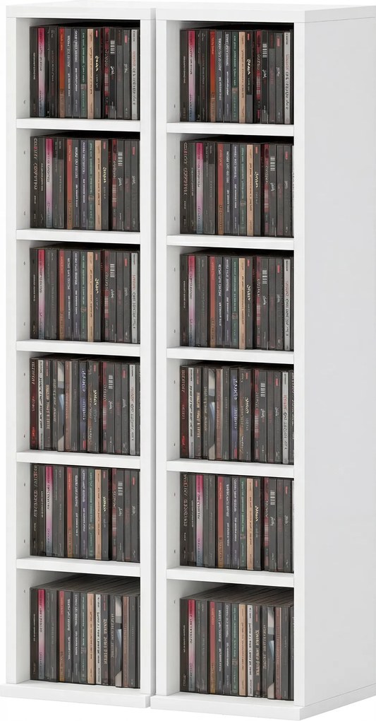 Conjunto de 2 prateleiras verticais para arrumação de CDs e DVDs, com 12 compartimentos, 21 x 22,5 x 88,5 cm, capacidade para 204 CDs, branco