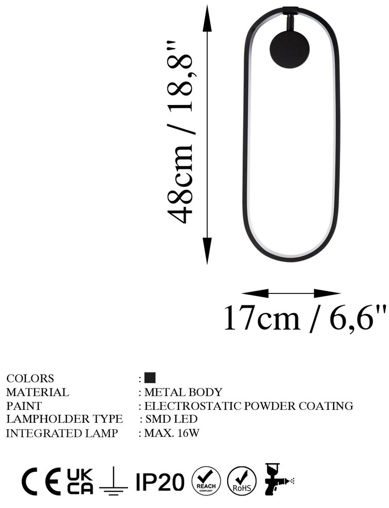 Candeeiro de Parede Can – Preto – 17 cm x 48 cm x 10 cm