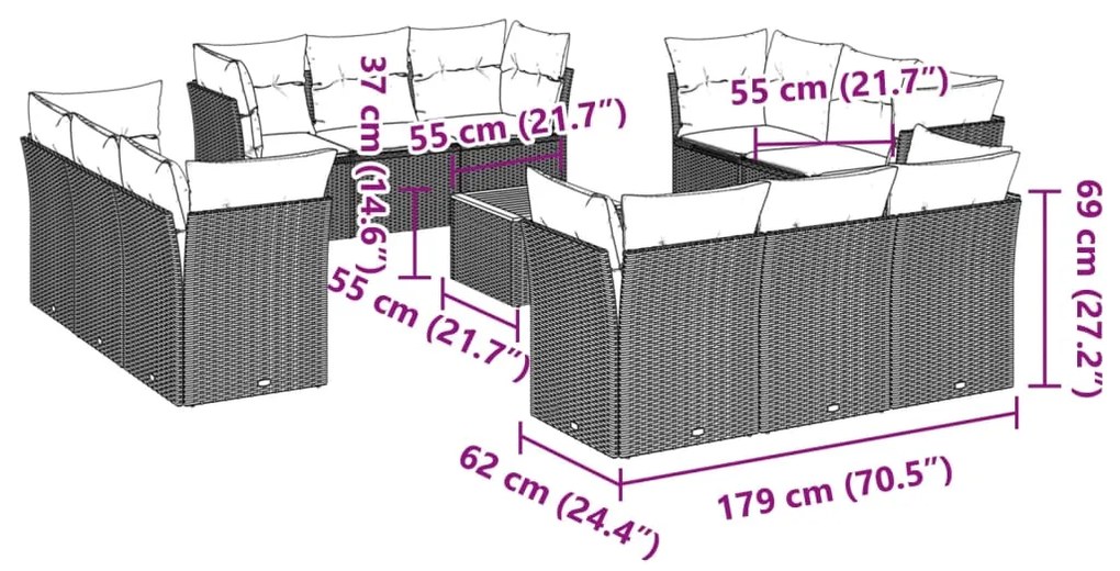 13 pcs conj. sofás jardim c/ almofadões vime PE bege misturado