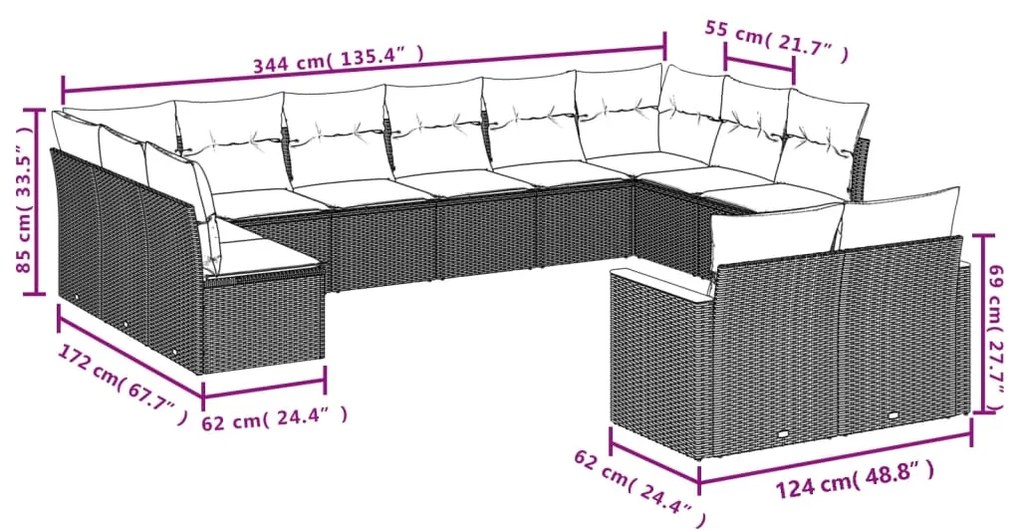 12 pcs conjunto de sofás p/ jardim com almofadões vime PE bege