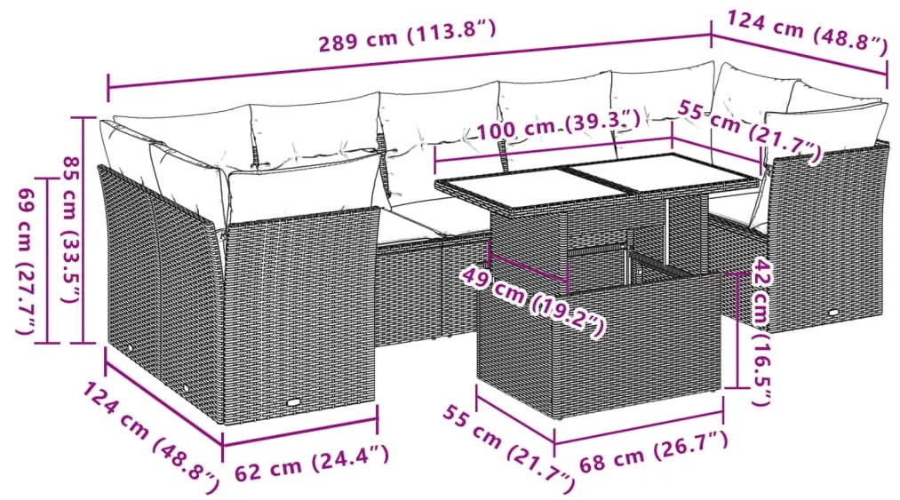 8 pcs conjunto de sofás p/ jardim com almofadões vime PE bege
