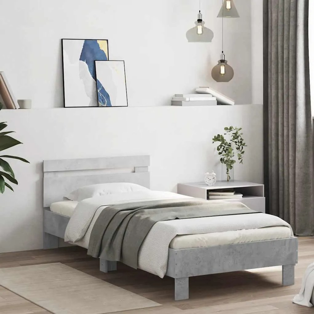 Estrutura de cama c/ cabeceira/luzes LED 90x190cm cinza cimento