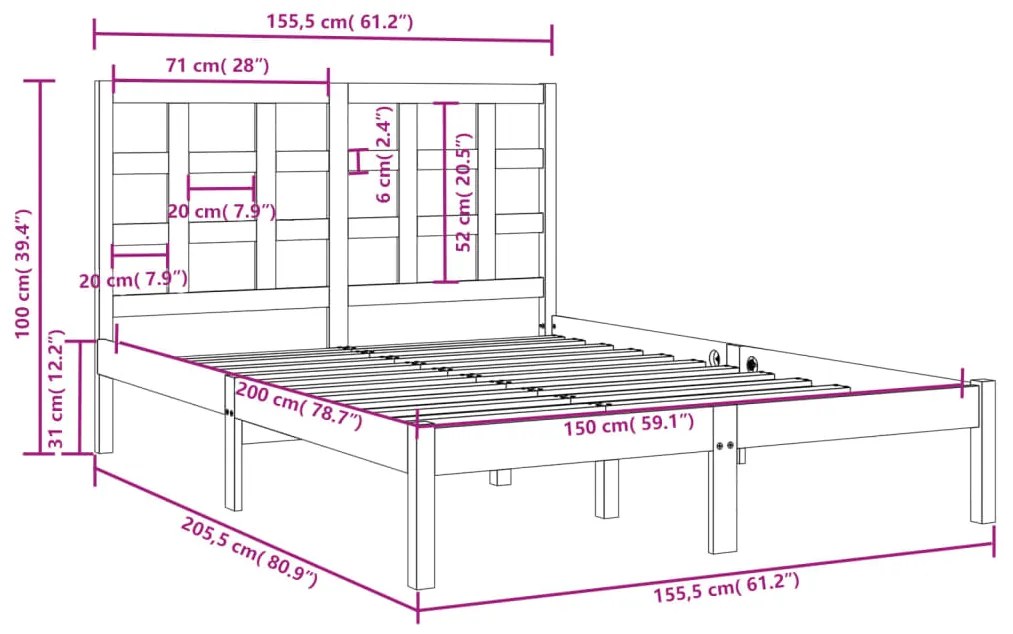 Estrutura de cama king 150x200 cm madeira maciça cinzento