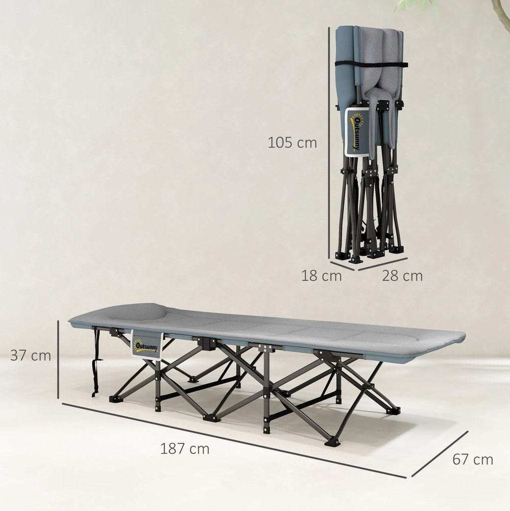 Cama Dobrável de Campismo Praia com Apoio de Cabeça e Bolso Lateral Suporta até 150 kg 187x67x37 cm Cinzento
