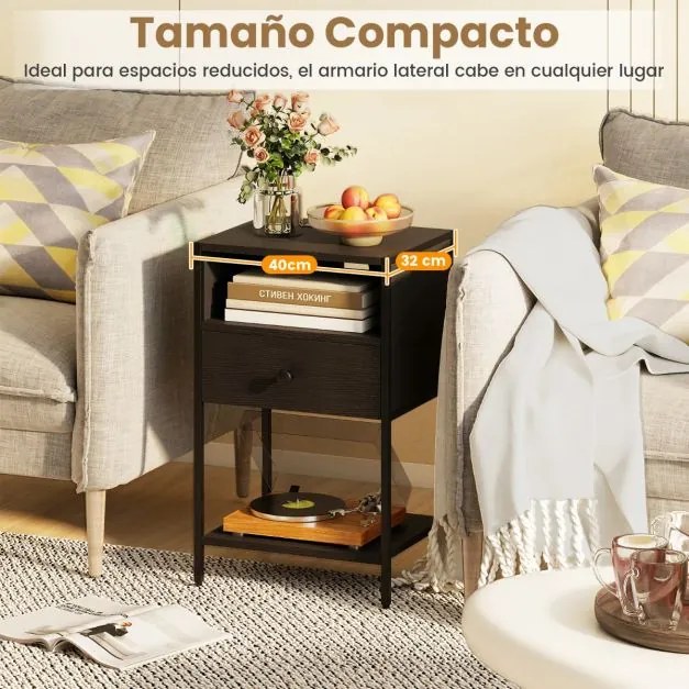 Mesa de cabeceira, mesa apoio 40 x 32 x 65 cm com estação de carregamento com Compartimento aberto Gaveta preta