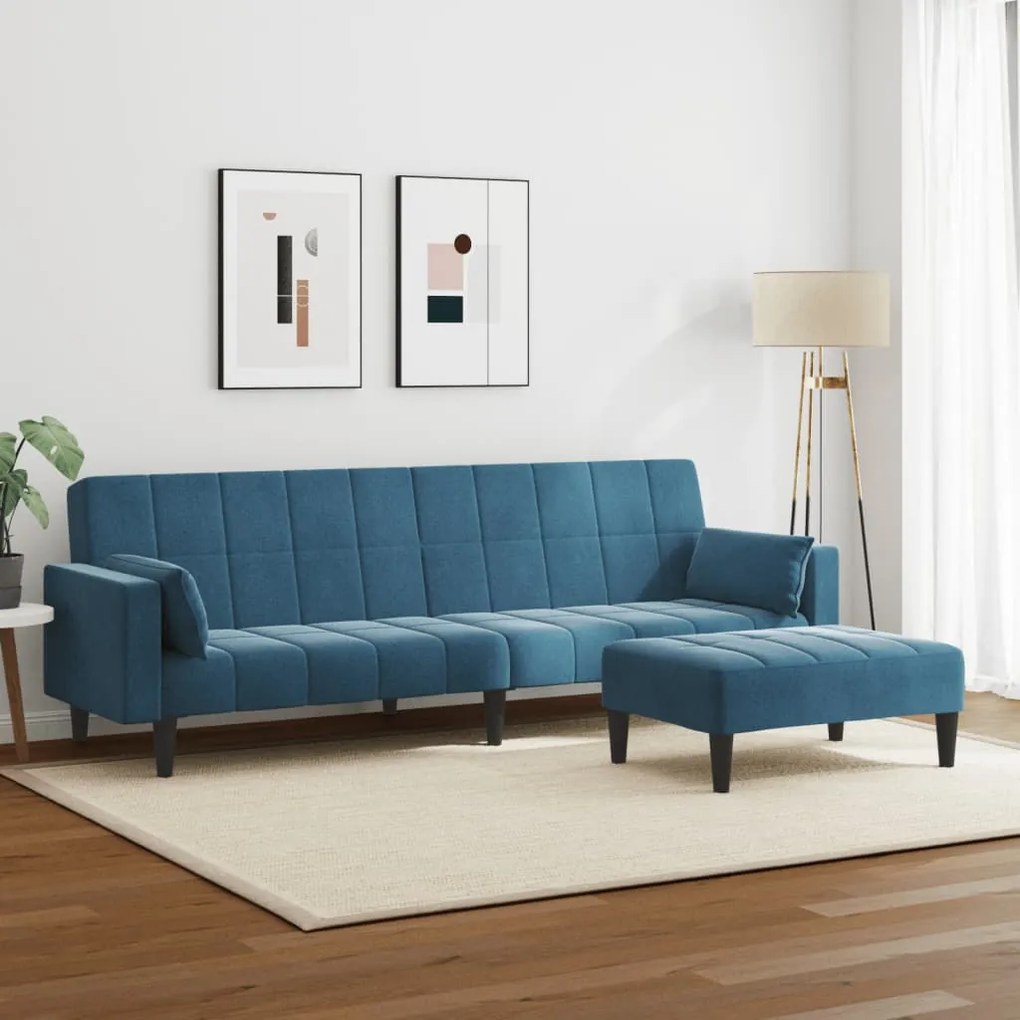 Sofá-cama 2 lugares c/ apoio de pés veludo azul