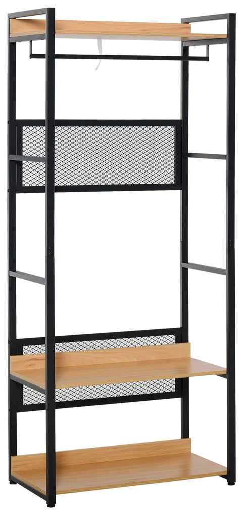 HOMCOM Cabide de entrada 2 em 1 com várias prateleiras e barra para pendurar para corredor Quarto sala de estar 80x40x190 cm Madeira natural preta