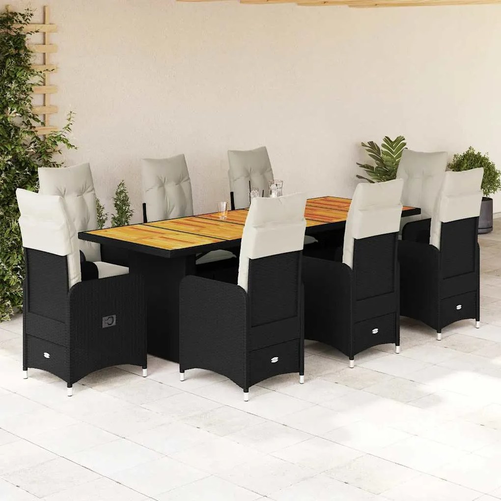 vidaXL 9 pcs conjunto de bistrô p/ jardim c/ almofadões vime PE preto