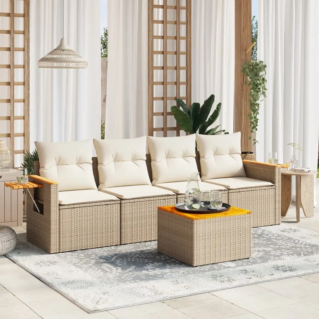 vidaXL 5 pcs conjunto de sofás p/ jardim com almofadões vime PE bege