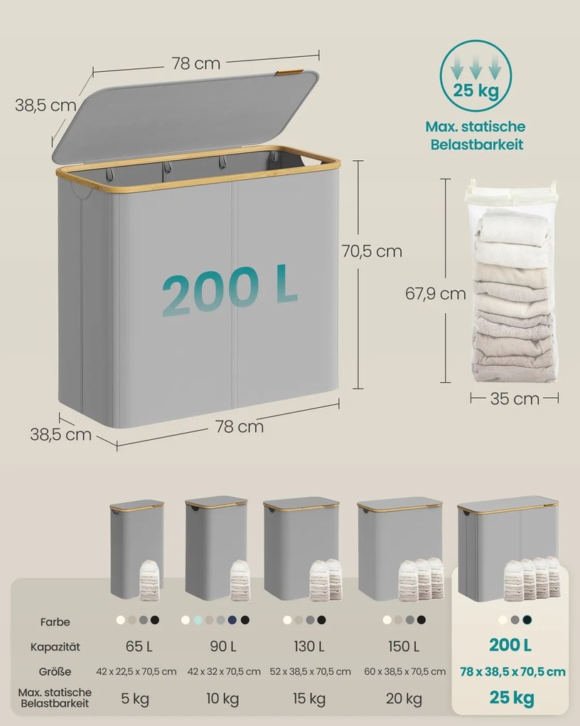 Cesto da roupa suja 200 L,  78 x 38,5 x 70,5 cm com tampa Cinza