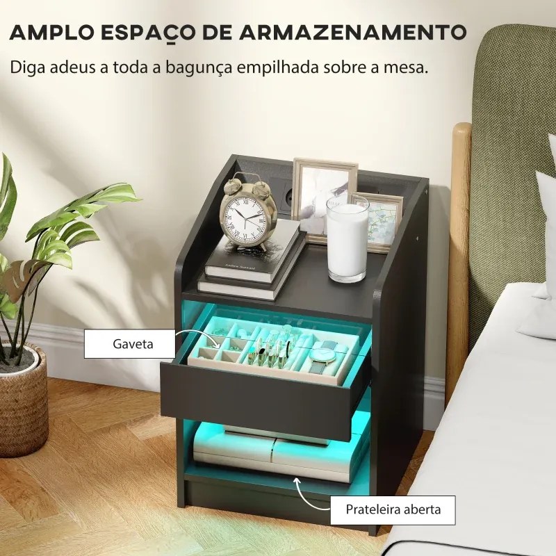 Mesa de Cabeceira com Luzes LED Gaveta 40x40x58 cm com Estação de Carregamento Entrada USB e Controlo Remoto Preta