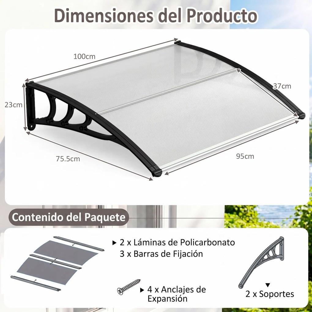 Toldo Exterior para Portas e Janelas, 100,5 x 76 x 23 cm, Estrutura com Barras Metálicas, Transparente