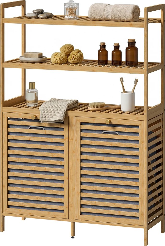 Móvel de casa de banho 80 L x 30 P x 118 A cm com cesto de roupa suja em bambu, com 2 cestos amovíveis e prateleiras de 3 níveis, em cor carvalho