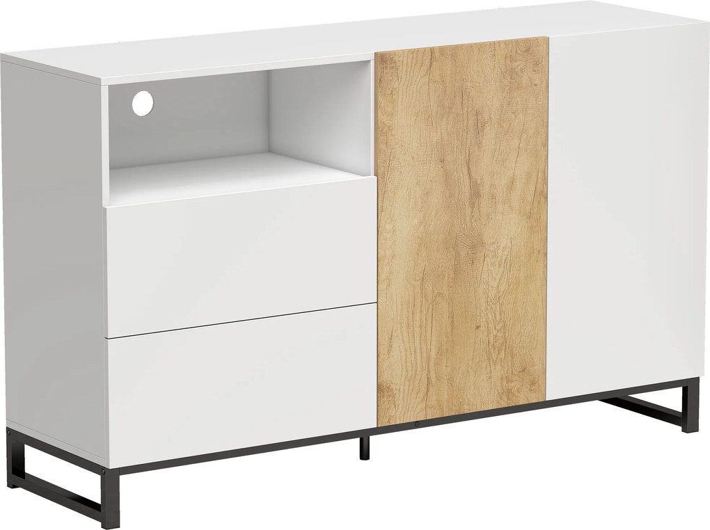 HOMCOM Aparador para Sala com 2 Portas, 2 Gavetas, Nicho Aberto e Prateleira Ajustável 140x40x85 cm Branco e Carvalho | Aosom Portugal