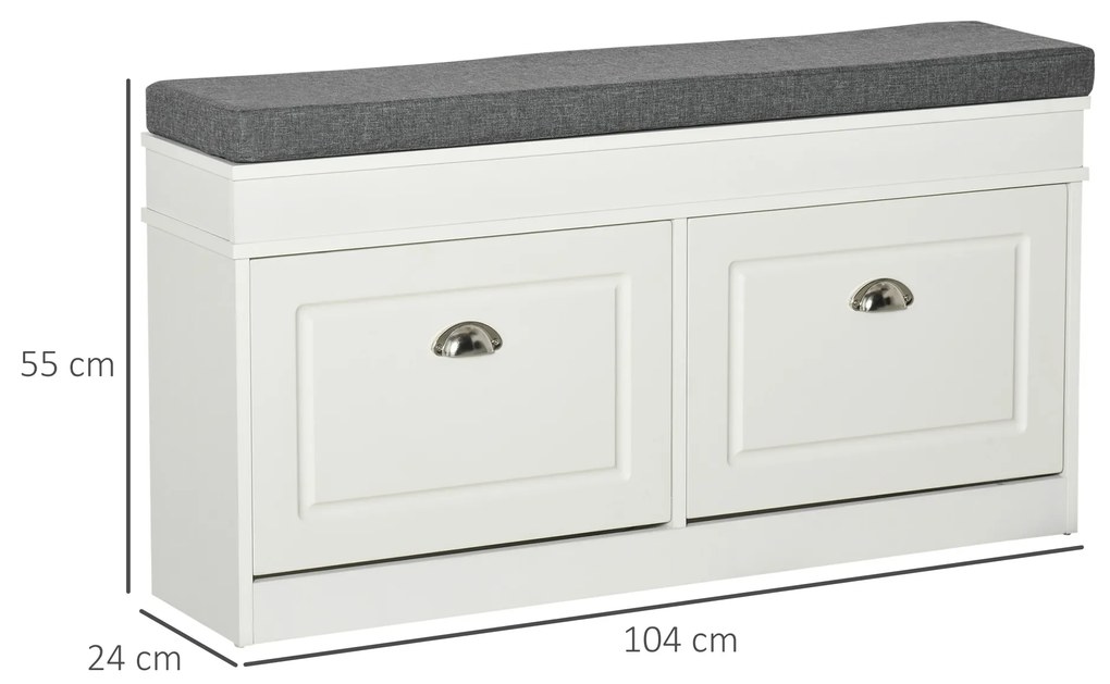 HOMCOM Banco Sapateiro com Armazenamento para 8 Pares de Sapatos com 2 Gavetas Prateleiras Ajustáveis e Almofada Acolchoada para Entrada Corredor 104x24x55cm Branco