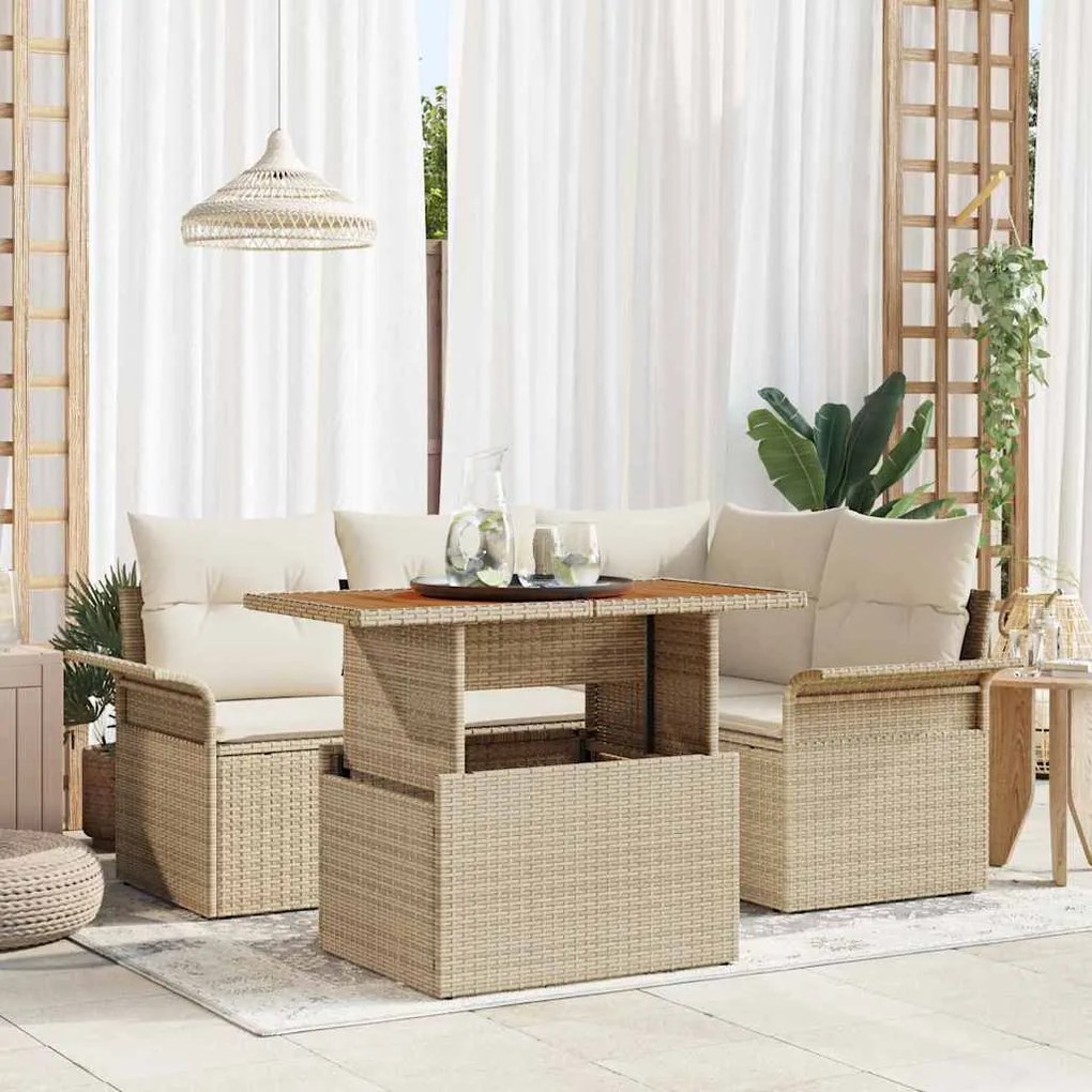 vidaXL Conjunto de Jantar de Jardim de 5 Peças com Almofadas Beiges em Rattan Sintético e Acácia