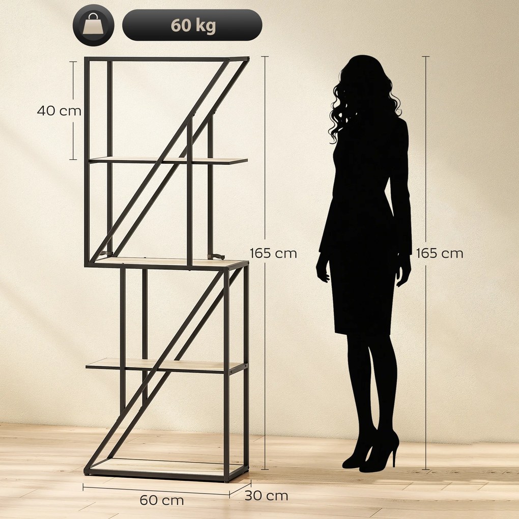 Estante de 5 Níveis Estante para Livros Estilo Industrial com Prateleiras Abertas e Estrutura de Aço 60x30x165 cm Madeira e Preto