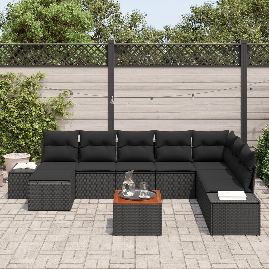 Conjunto de Sofá de Jardim 9 Peças com Almofadas Preto de Rattan Acáci