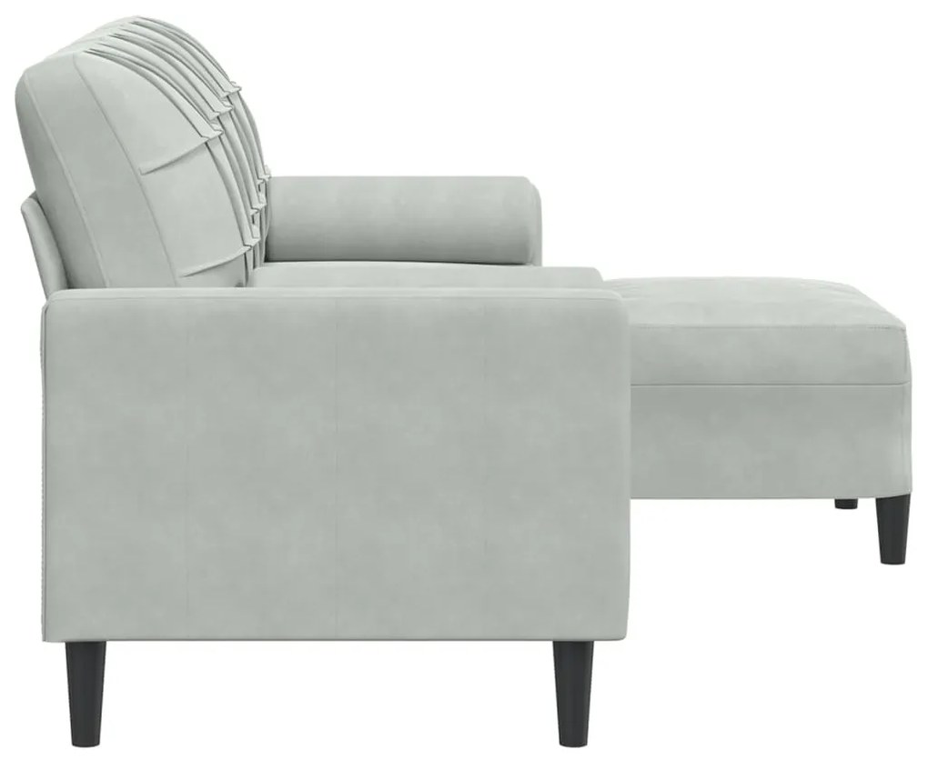 Sofá de 3 lugares com apoio de pés 180 cm veludo cinzento-claro