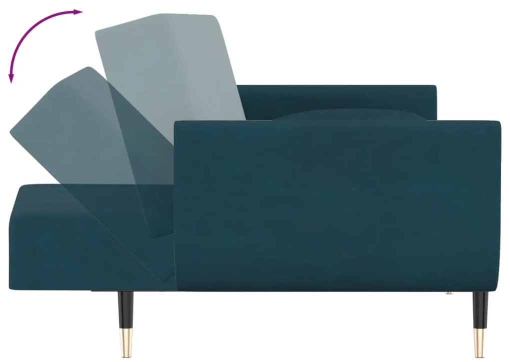 Sofá-cama 2 lugares com duas almofadas veludo azul
