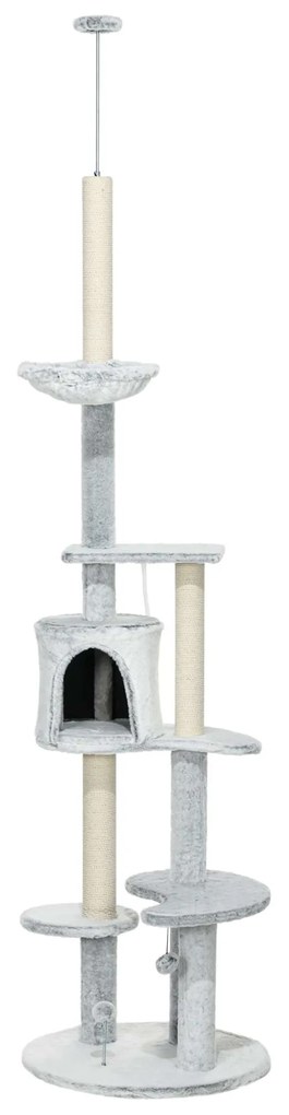 PawHut Arranhador para Gatos de Teto com Altura Ajustável Caverna Plataformas Rede Postes de Arranhar e Bolas Ø60x225-255 cm Cinza