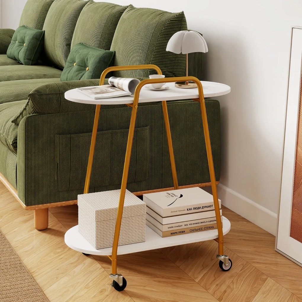 Mesa apoio com rodas 60 x 33,5 x 68,5 cm, 2 prateleiras, tampo em imitação de mármore, rodas com travão, Estrutura metálica, para quarto, cozinha ou s