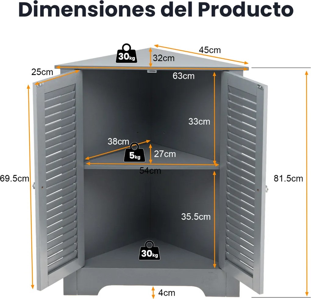 Armário de canto com 3 níveis e 2 portas de persiana, 63 cm x 32 cm x 81,5 cm prateleiras com altura ajustável para casa de banho, cozinha ou sala, 63