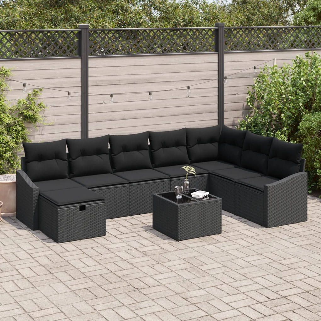 Conjunto de Sofás de Jardim de 9 peças com Almofadas Preto Rattan Poli