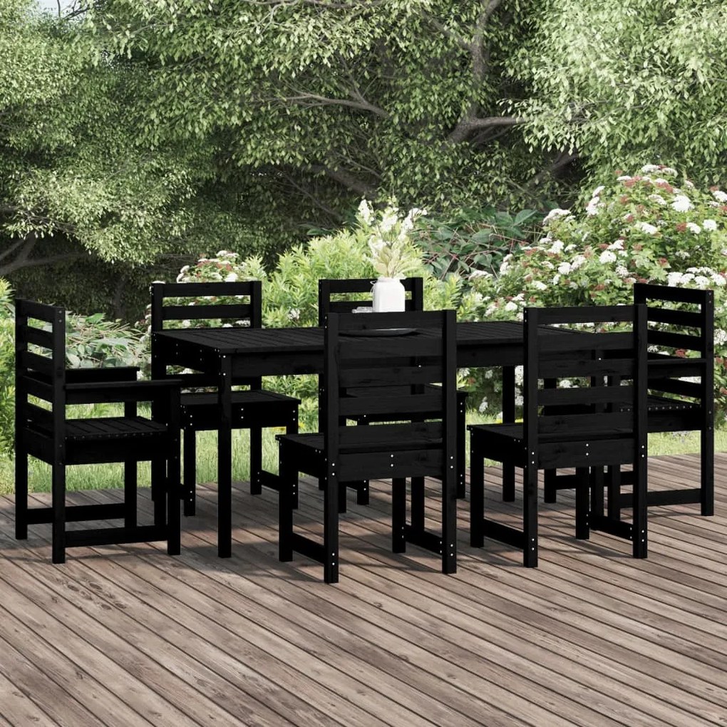 vidaXL 7 pcs conj. jantar p/ jardim madeira de pinho maciça preto