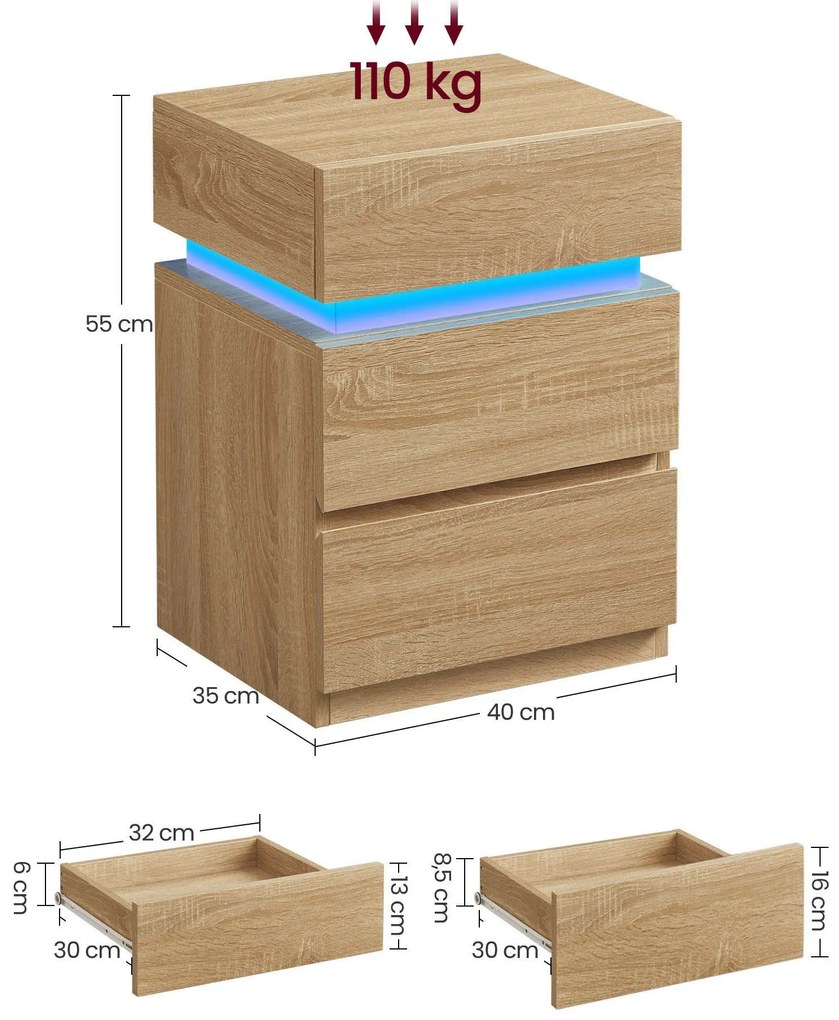 Mesa de cabeçeira com iluminação LED e 3 gavetas 35 x 40 x 55 cm Castanho