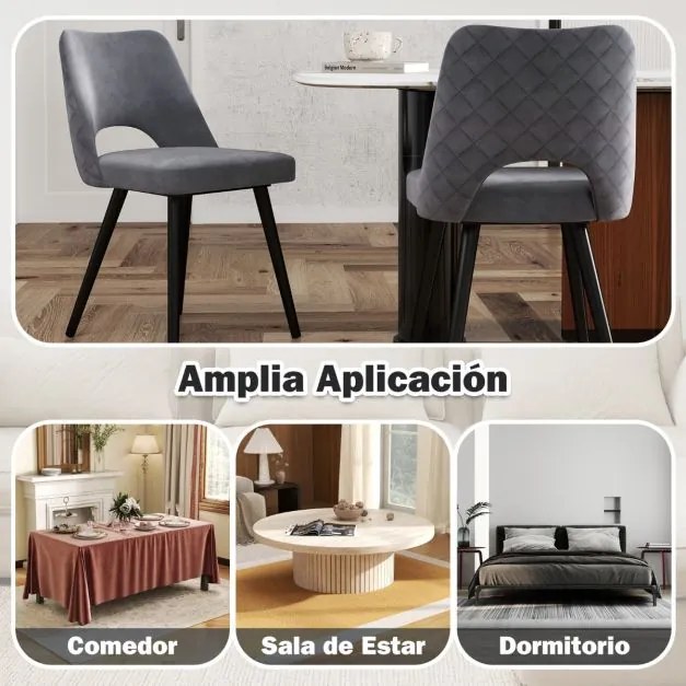 Conjunto de 2 cadeiras de jantar, cozinha estofada com almofada de espuma Pernas metálicas robustas Cinzentas
