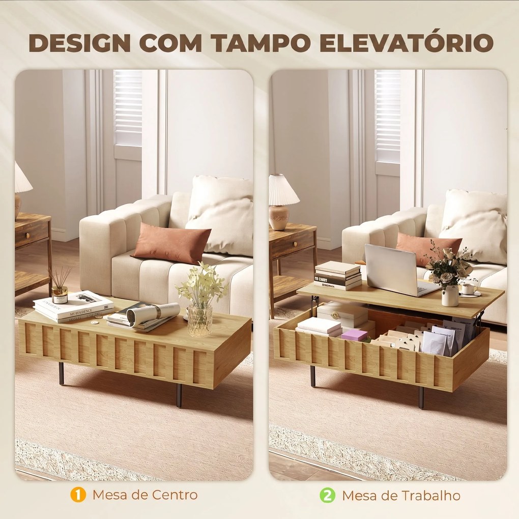 Mesa de Centro Elevatória com 2 Compartimentos Ocultos e Pés Metálicos 110x55x36,5 cm cor Carvalho