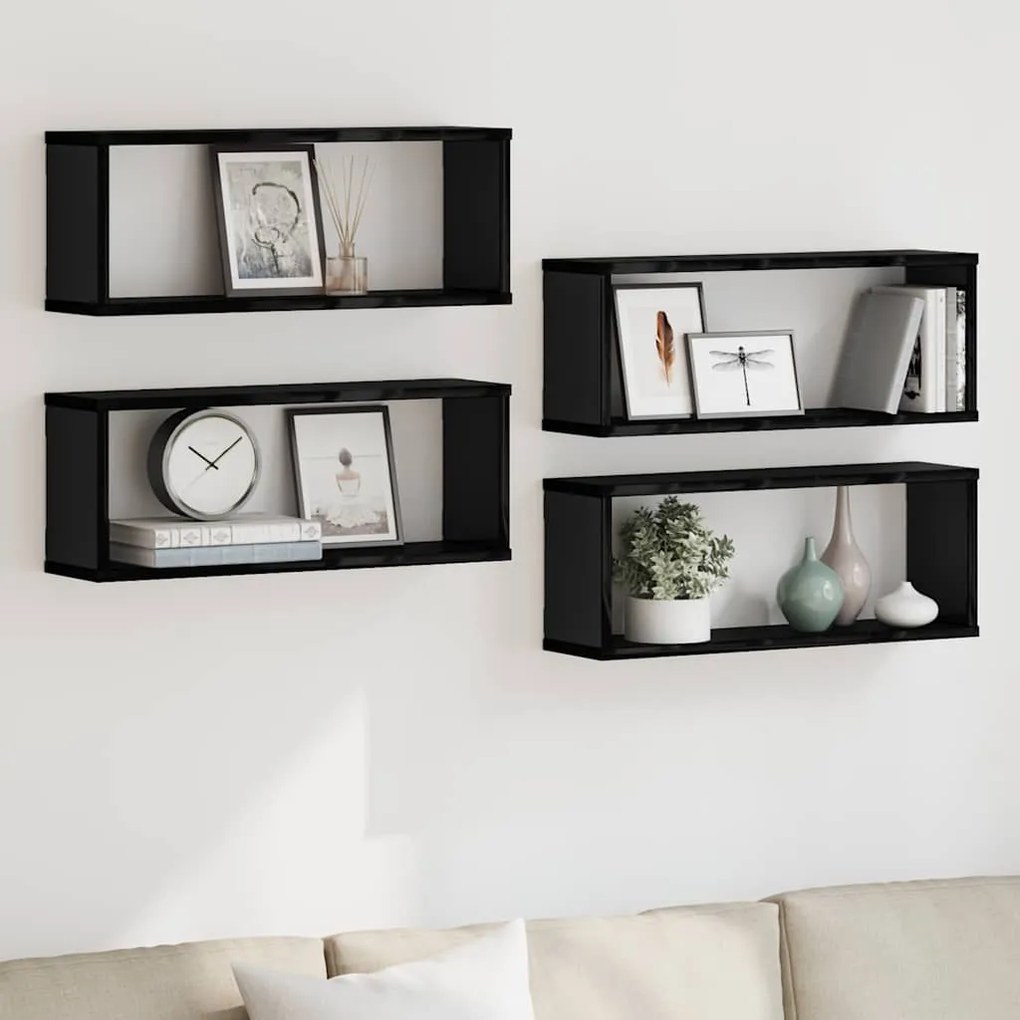 vidaXL Prateleiras parede cúbicas 4 pcs deriv. madeira preto brilhante
