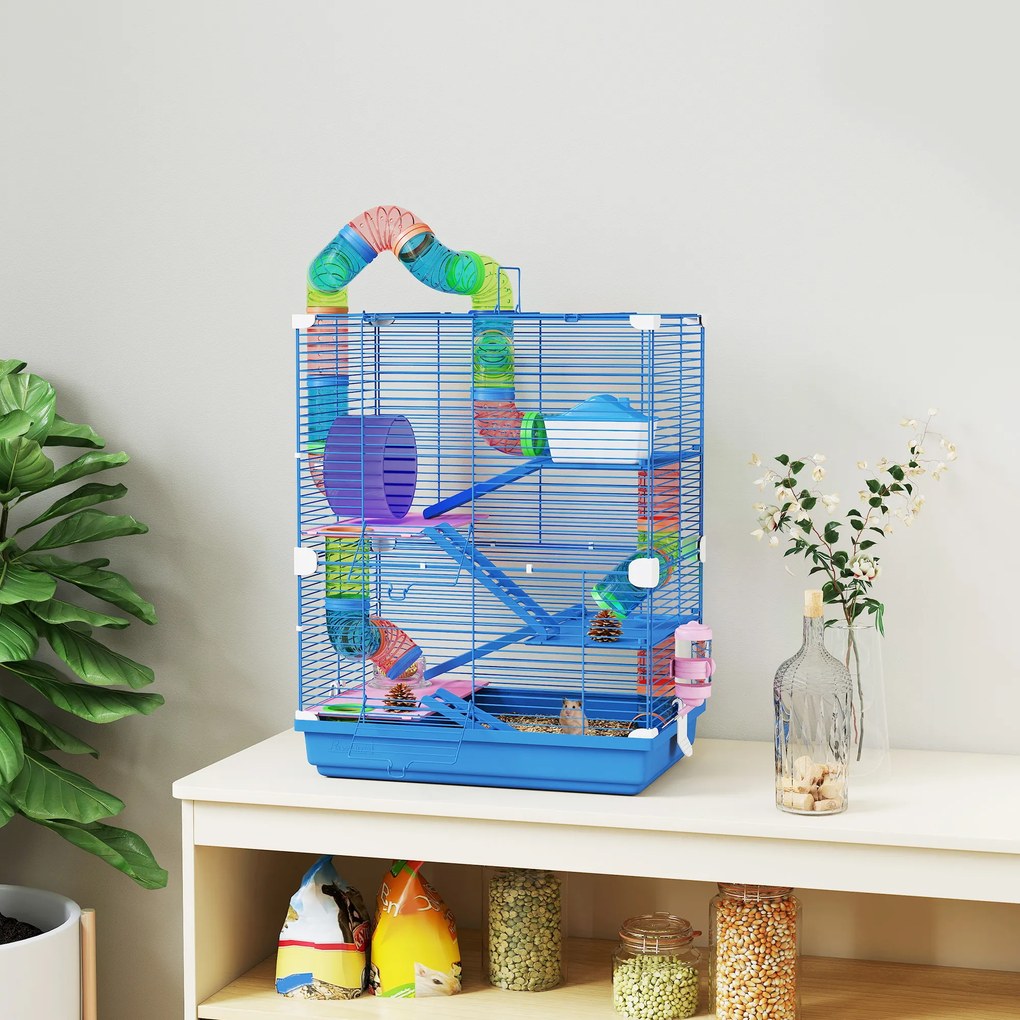 Gaiola para hamster de 4 andares com túneis, comedouro, roda, casinha e escadas – 46 x 30 x 58 cm – azul