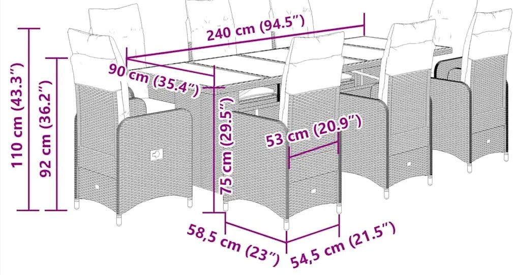 9 pcs conjunto bistrô de jardim c/ almofadões vime PE castanho
