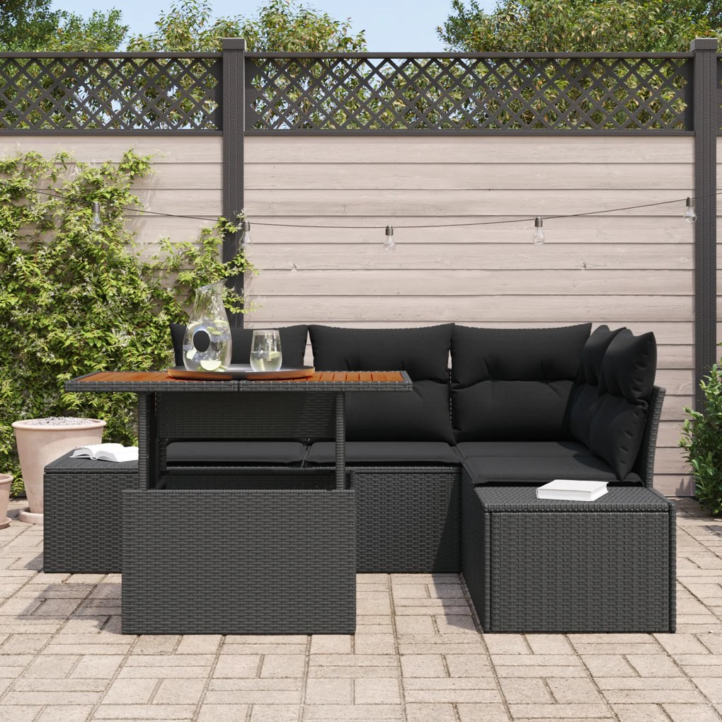 Conjunto de Sofás de Jardim de 5 Peças com Almofadas Preto Vime Poliés
