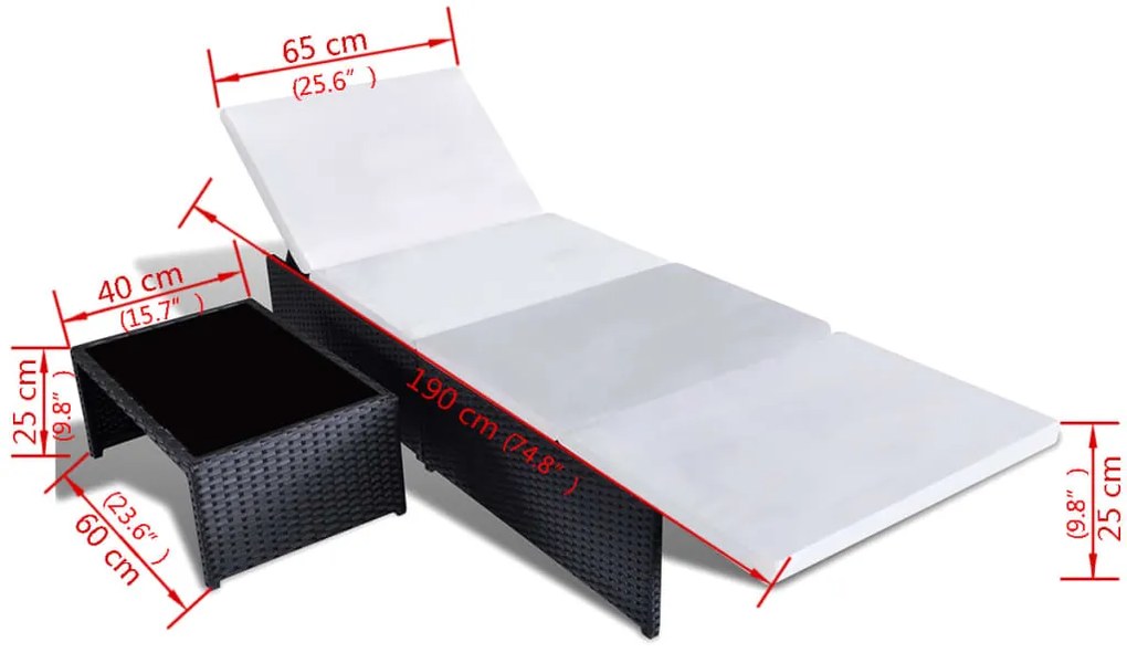 Cadeiras jardim reclináveis 2 pcs com mesa vime PE preto