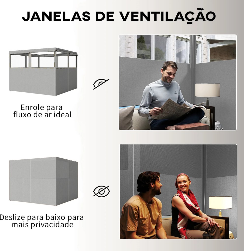 4 Paredes Laterais para Tenda (NÃO INCLUIDA) 3x3 m Laterais de Tenda com 8 Janelas Proteção UV 30+ Impermeável Cinzento Claro